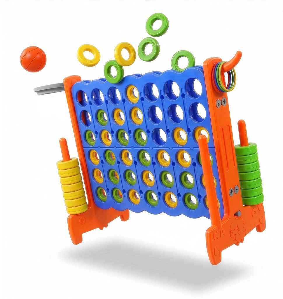 Relaxdays Vier Gewinnt XXL, outdoor, 3in1, Kinder, Erwachsene, HBT 88x121x44cm, Basketball Wurfspiel, Ringe, blau/orange