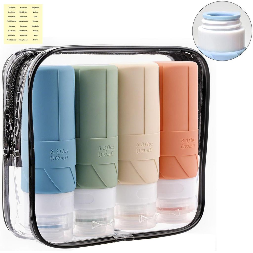 Reiseflaschen Set Silikon 4x100ml, auslaufsichere Reisebehälter TSA zugelassen, nachfüllbare Kosmetikflaschen für Shampoo, Lotion & Conditioner