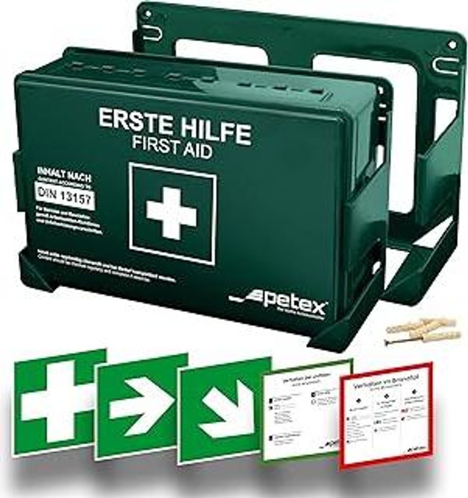 PETEX Betriebsverbandkasten Standard mit Inhalt nach neuer DIN 13157 inkl. praktischer Wandhalterung, 5x Aufkleber, Erste-Hilfe-Koffer, Verbandkast...