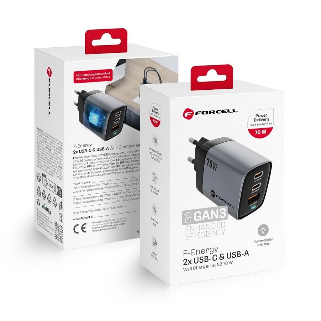 FORCELL F-ENERGY GaN III VT-37 Netz-Ladegerät mit LCD-Display 2 x Typ C + USB A PD QC4.0 SAM SFC2.0 3.45A 70W grau