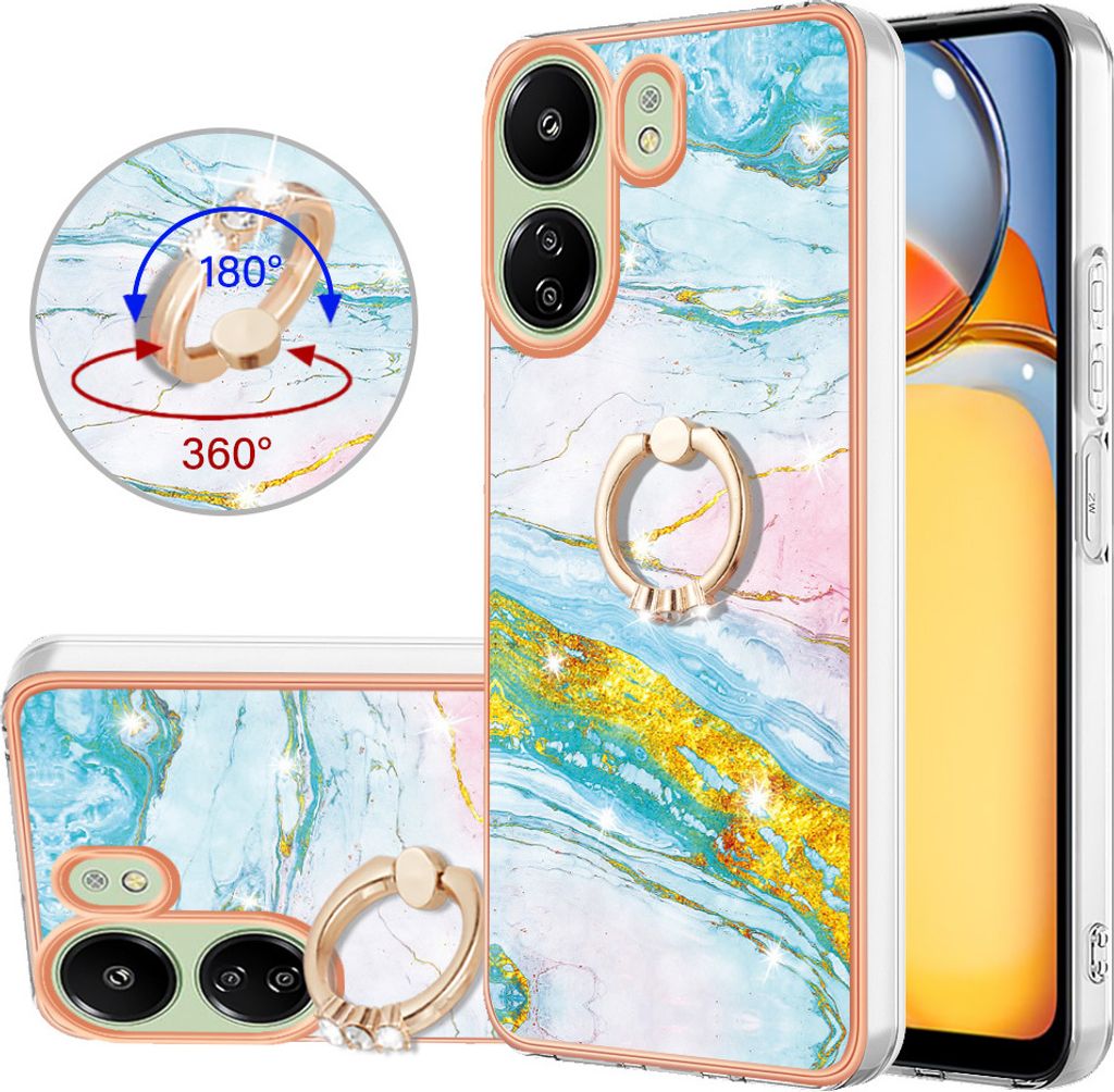 Hülle für Xiaomi Redmi 13C 4G/Poco C65 Muster TPU Silikon Stoßdämpfer Bumper Schutzhülle mit Ring Ständer Türkis