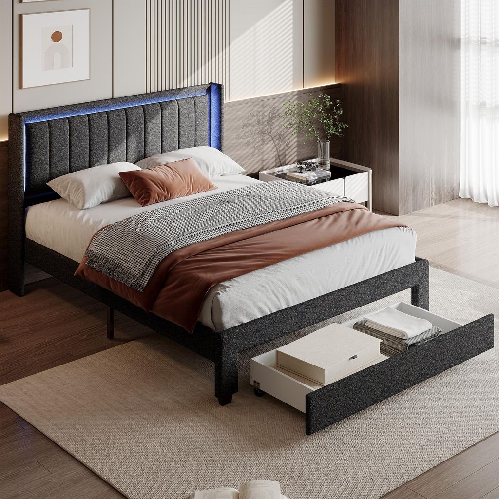 Doppelbett 140 x 200 cm in dunkelgrauem Leinen mit LED-Beleuchtung, USB- und Typ-C-Anschlüssen, Kopfteil mit Stauraum und Schublade an der Rückseite