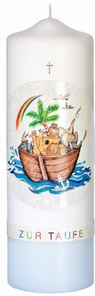 Taufkerze Jungen Arche Noah Hellblau 25 x 8 cm mit Namensverzierung und Geschenkkarton