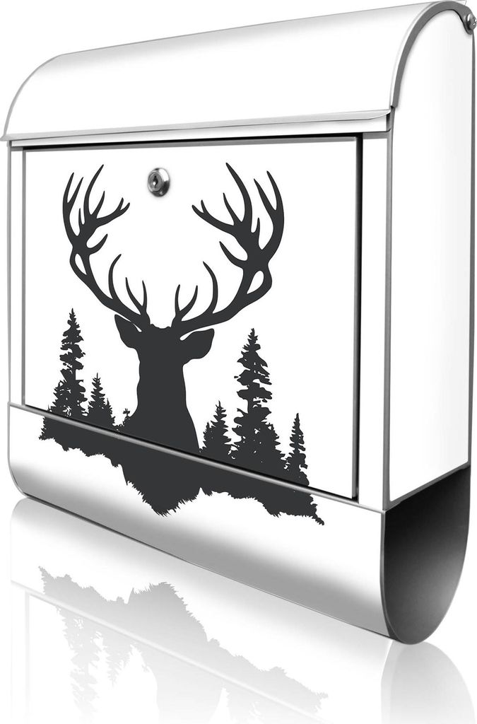 banjado Design Briefkasten Stahl silber mit Zeitungsfach pulverbeschichtet "Hirsch im Wald Silhouette" 38x46x12,5cm & 2 Schlüssel - Postkasten A4 ...