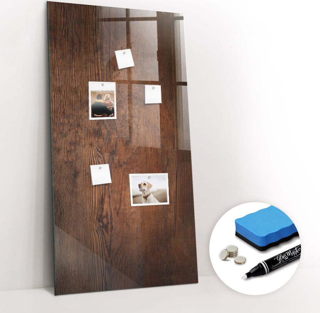 Magnetpinnwand Memoboard - Zubehörsatz - Weißer Marker + Schwamm + Magnete - 60 x 120 cm - Dunkles Holz
