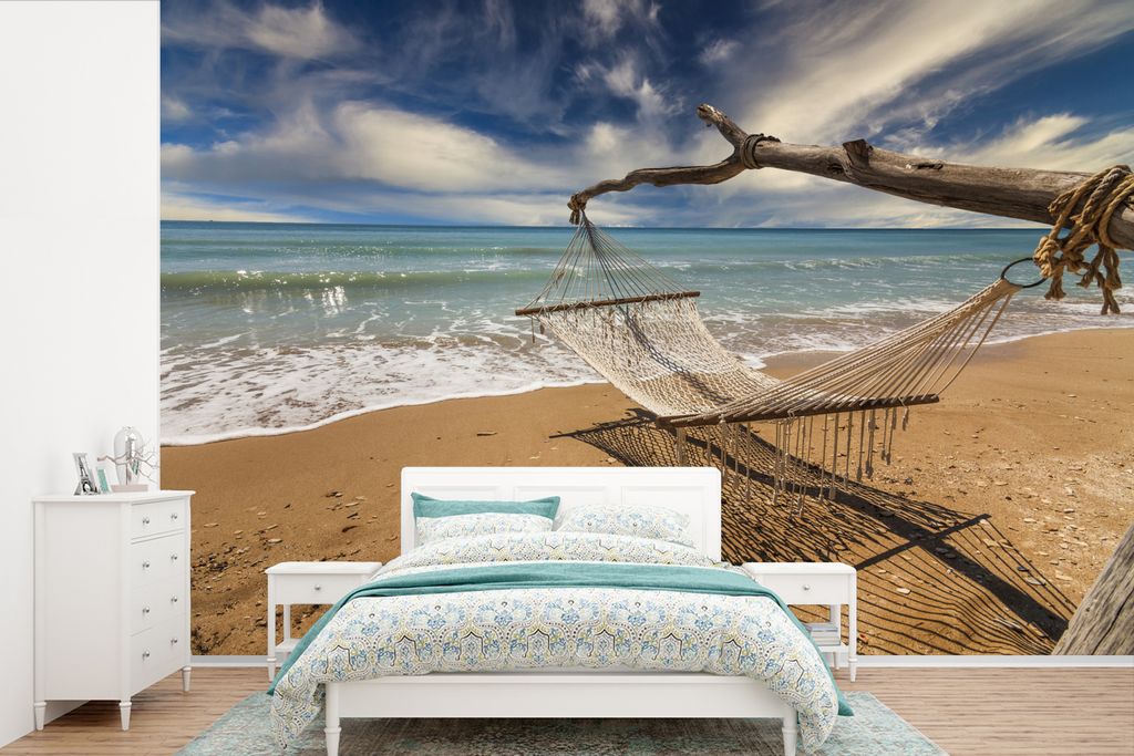 MuchoWow Fototapete für Wohnzimmer oder Schlafzimmer Wandtapete Vinyl Motivtapete Strand - Meer - Hängematte - 390x260 cm - Papiertapete