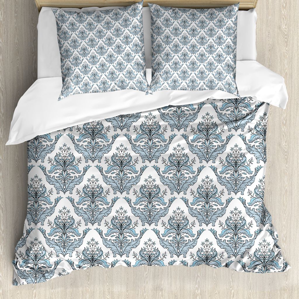 ABAKUHAUS Winter Bettbezug, Klassisches Blumendamast, Milbensicher Allergiker geeignet mit Kissenbezügen, 200 cm x 200 cm - 80 x 80 cm, Grau Hellb...