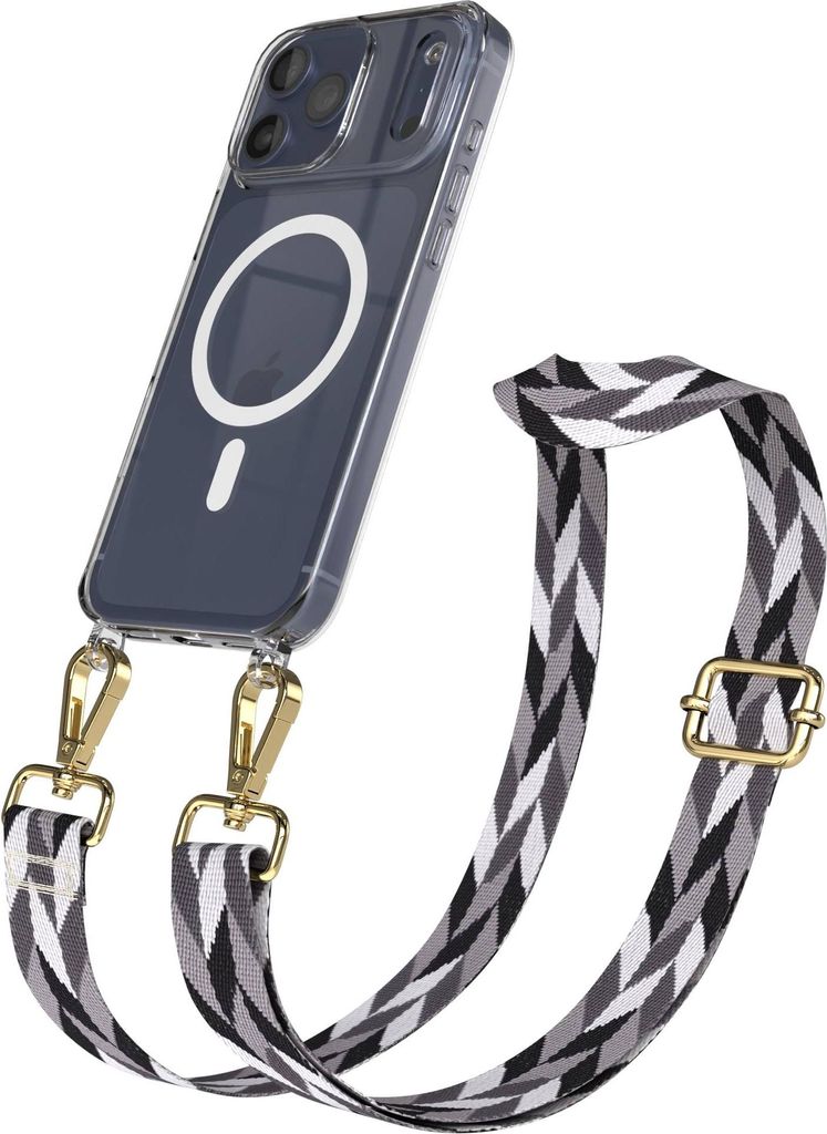 EAZY CASE - Handykette mit MagSafe Hülle für Apple iPhone 17 Pro Max, Handyband Mix Style, Karabiner Gold, Umhängeband in Schwarz
