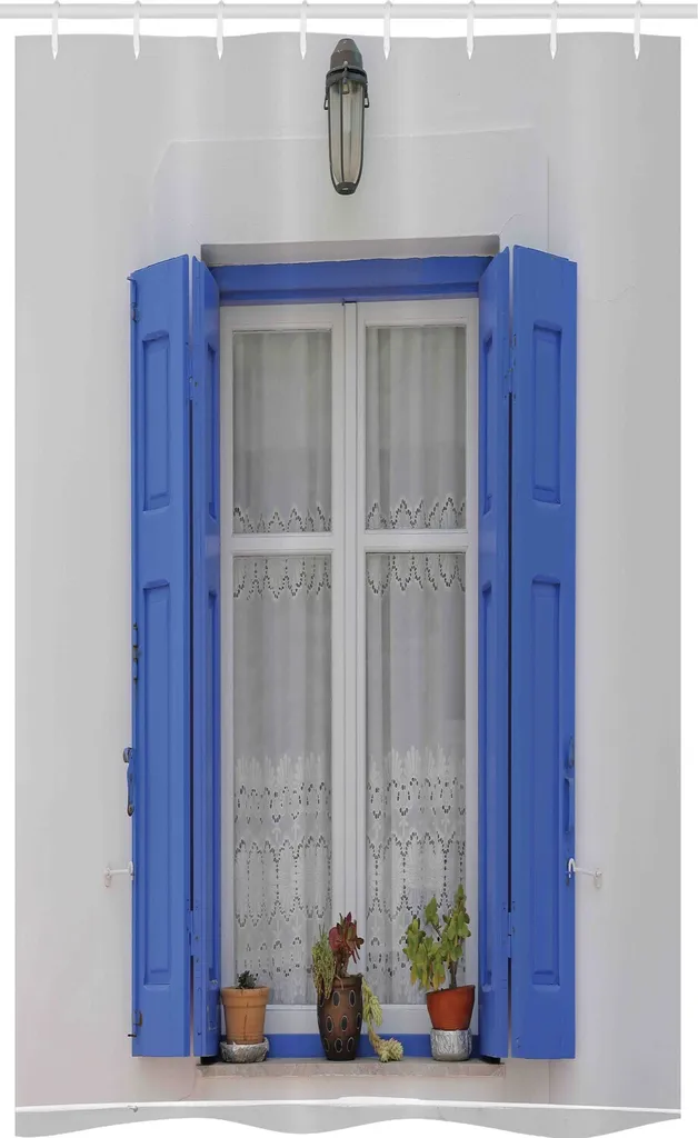 ABAKUHAUS greco Tenda da doccia stretta, persiane finestre fiorite, set decorativo per bagno in tessuto con ganci, 120 x 180 cm, turchese bianco