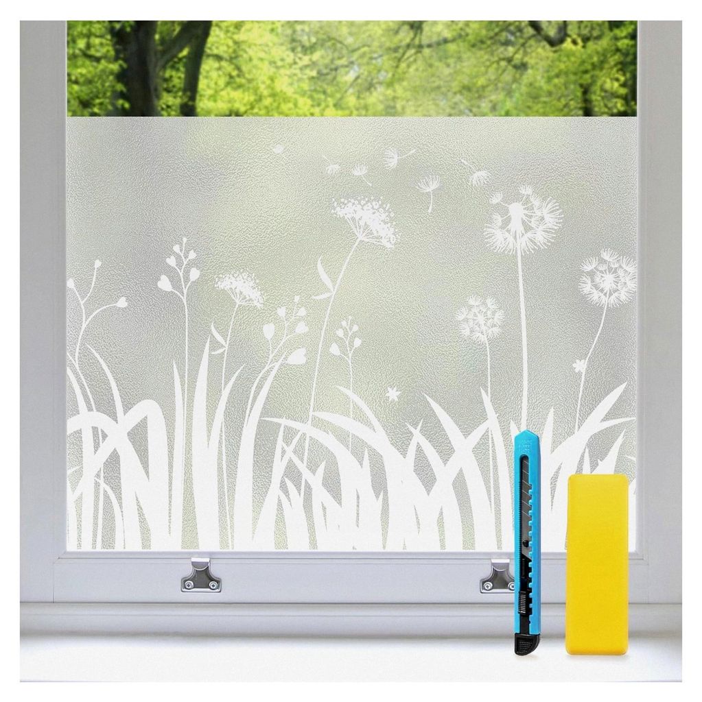 Fensterfolie Sichtschutz Löwenzahn Statisch ohne Klebstoff Milchglasfolie Anti-UV Geeignet für Badezimmer, Büro, Wohnzimmer, Umkleide 44,5 x 200 cm
