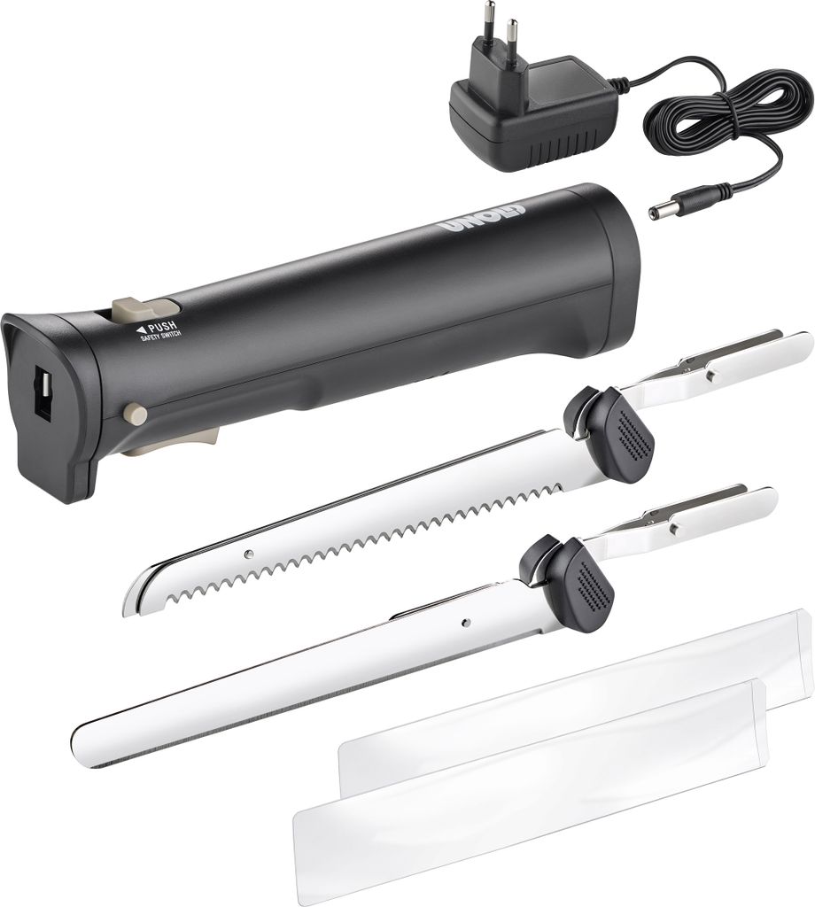 Das Unold Elektromesser Cordless verfügt über einen schwarzen Griff, ein Netzteil, zwei silberne gez
