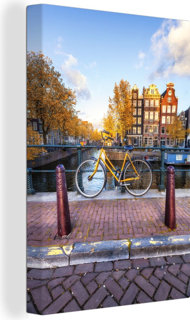 OneMillionCanvasses - Leinwandbilder - 90x140 cm, Fahrrad vor der Gracht mit Blick auf die Amsterdamer Architektur, Wandbilder Kunstdruck Wanddek...