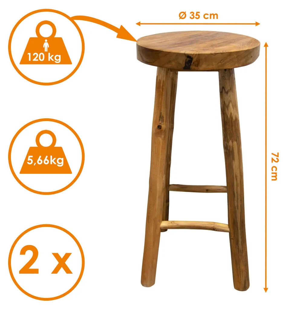 Tabourets de Bar en Teck 72 cm - Stable et Robuste 120 kg - Lot de 2 Bois - 2