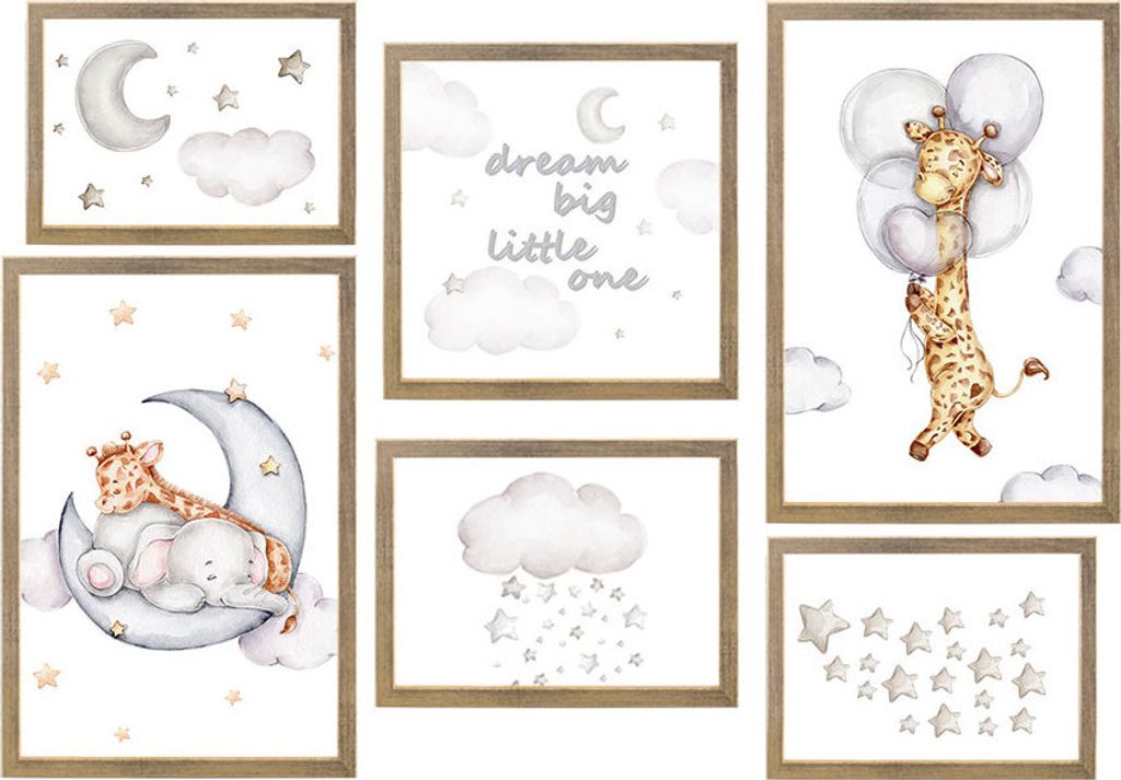 6er Set Poster inkl Bilderrahmen Kinderzimmer Wandbilder mit Spruch Deko Kinder Mädchen und Jungs - Bilderrahmen: Gold | Set: 3