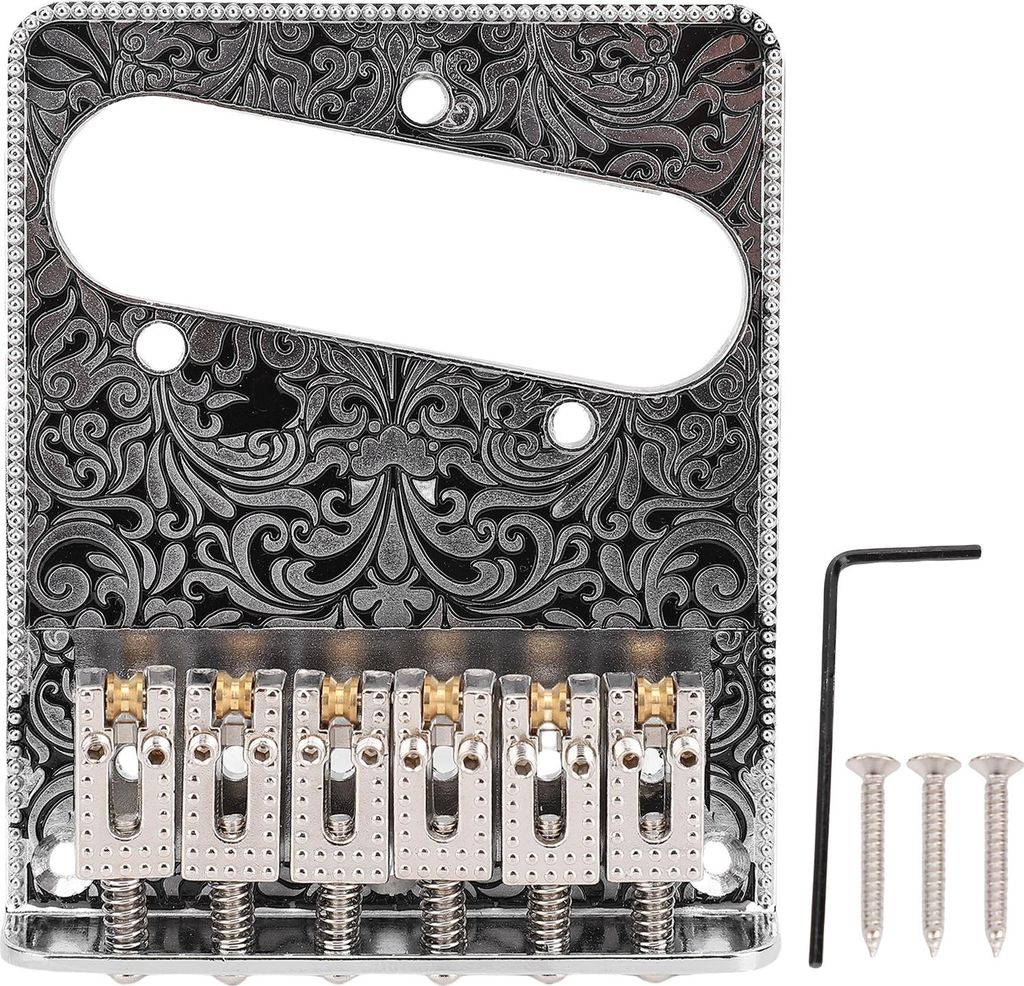 E-Gitarrenbrücke passend für TL String Drawing Plate 6 Sattel Vintage mit Eimer Messing 52,5 mm Pitch Silber