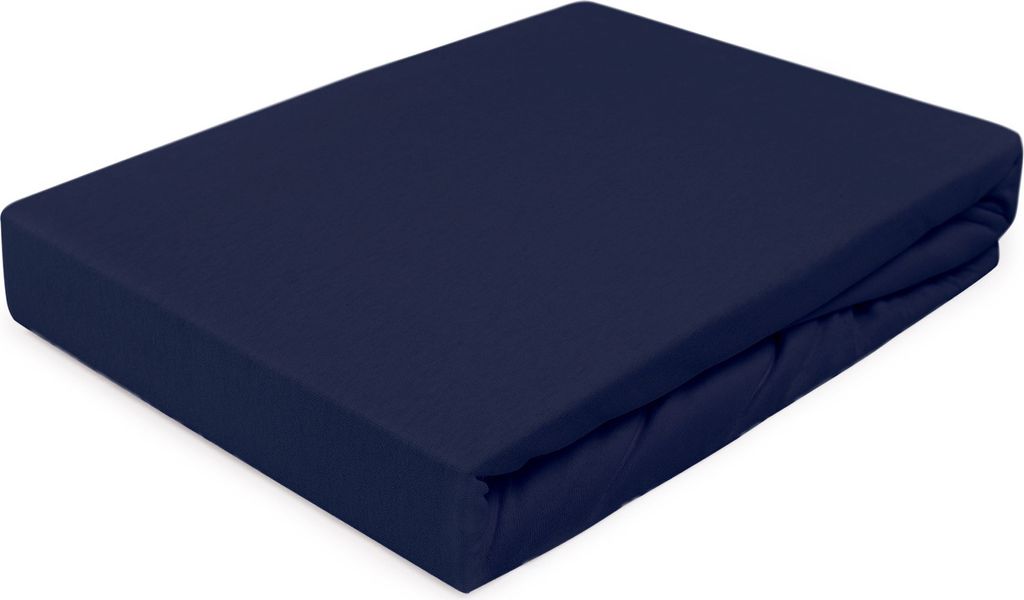 A dark blue fitted sheet is folded and placed on a white surface.