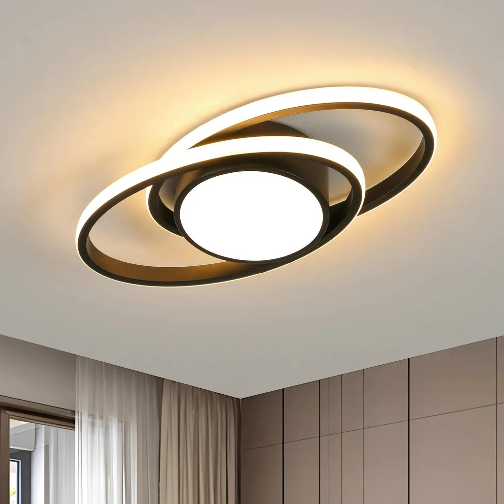 Plafonnier LED 39W Noir 38,5cm à Double Anneau Lumineux Blanc Chaud