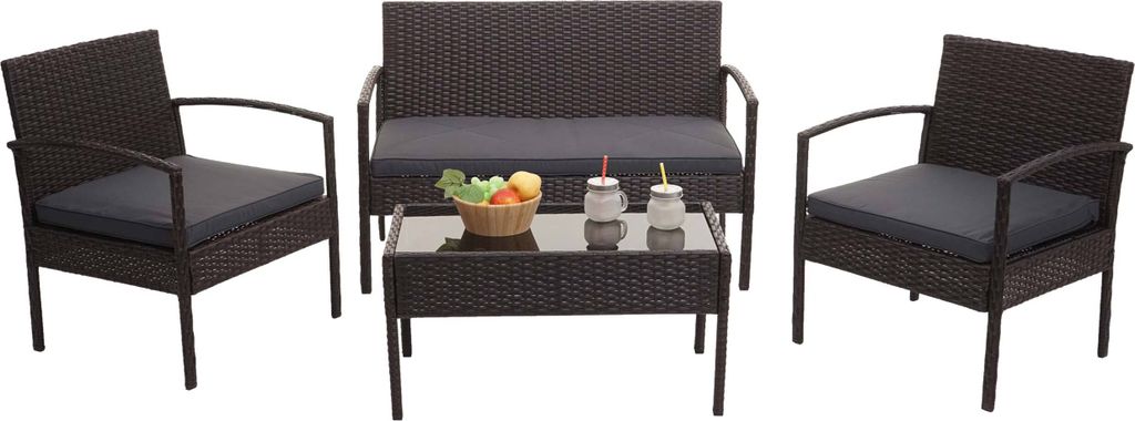 Poly-Rattan Garnitur HWC-F56, Balkon-/Garten-/Lounge-Set Sitzgruppe braun, Kissen dunkelgrau