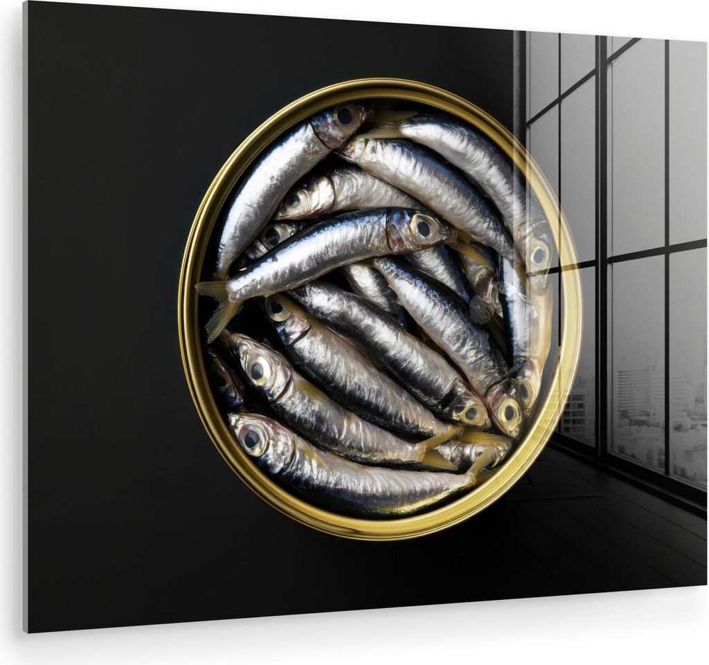 MuchoWow Glasbilder - Bilder auf Wandbild - Foto auf Glas Sardinen - Fisch - Rund - Schwarz 80x60 cm Wanddekoration aus Glas - Acrylglasbild - Acry...
