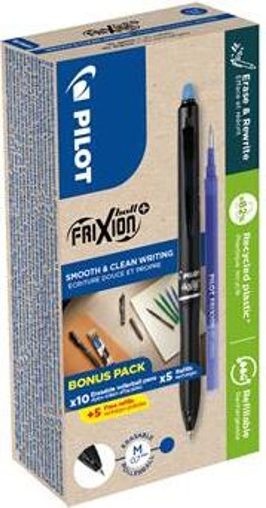 Tintenroller "Frixion Ball +" 10 Stück + 10 Stück blaue Mine, 0,35 mm, löschbar, Druckmechanismus, PILOT BLRT-GREENPACK-FBP-L