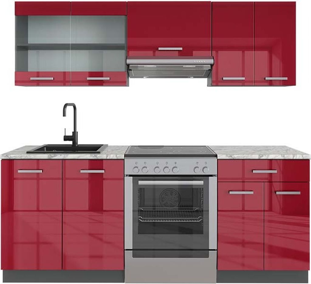 Küchenzeile Vicco R-Line Rot Hochglanz/Anthrazit 200 cm , AP Marmor, Model 42927