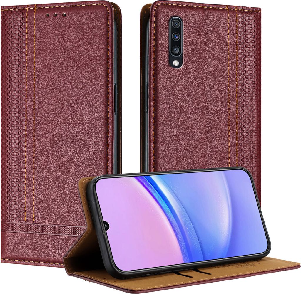 Handyhülle für Samsung Galaxy A70 A70S Leder Flip Klappbare Schutzhülle mit Standfunktion Dunkelrot