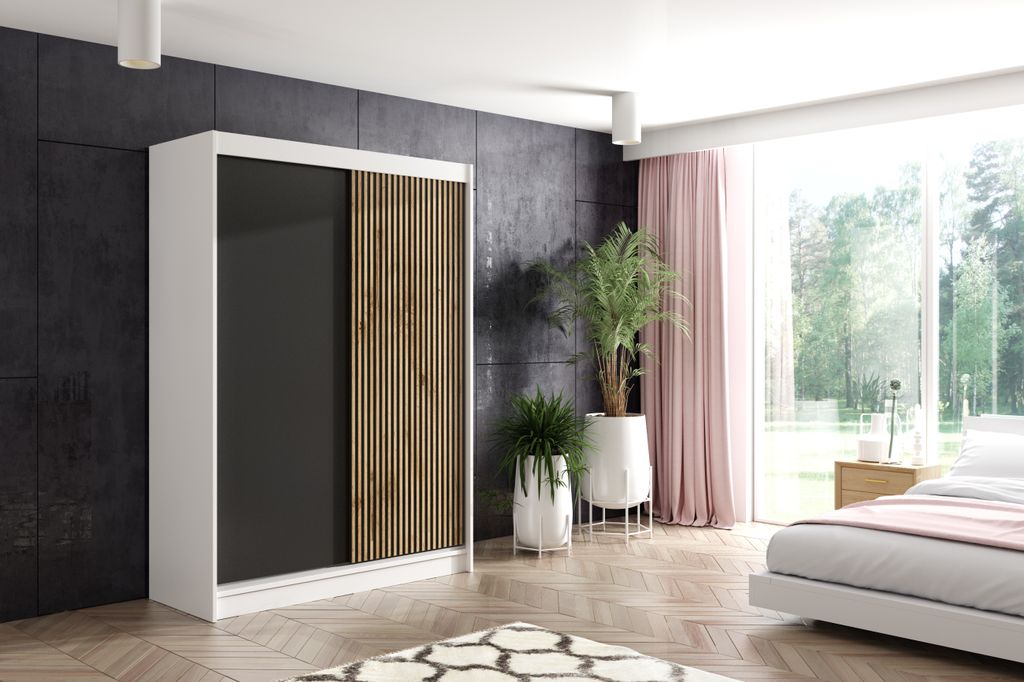 ALTDECOR Kleiderschrank mit Lamel-Schiebetüren, kugelgelagerte Führungsschienen und Aluminium-Leisten - VILO - 150 cm - Weiß/Lamelle Eiche Wotan