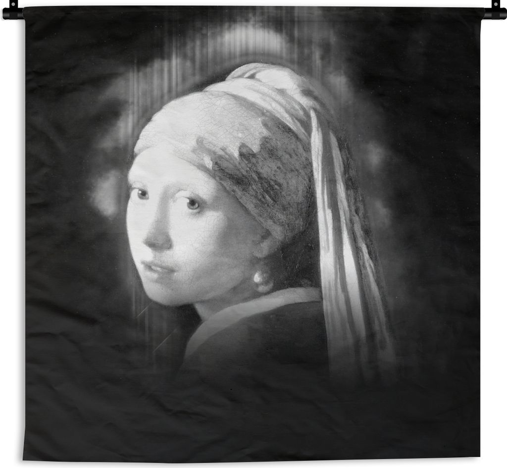 MuchoWow Wandteppich Wandbehang Das Mädchen mit dem Perlenohrring - Johannes Vermeer - Schwarz und weiß 150x150 cm Tapisserie Dekoration Wandtu...