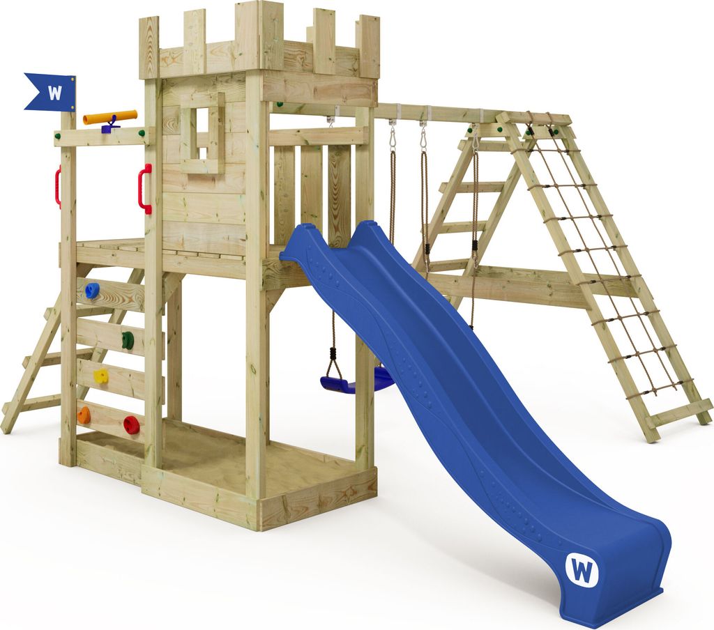 WICKEY Spielturm GateFlyer mit Kletteranbau, Doppelschaukel und Rutsche - blau