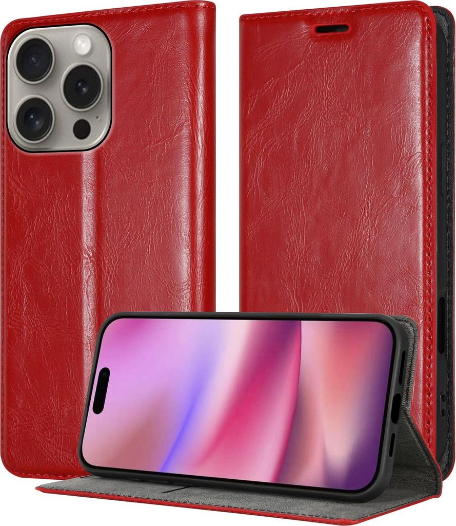 Cadorabo Hülle für Apple iPhone 16 PRO MAX in APFEL ROT Schutzhülle mit Magnetverschluss, Standfunktion und Kartenfach Flip Case Cover Etui Hand...