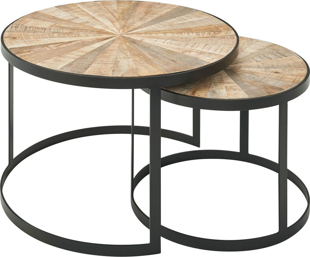 Design Couchtisch 2er Set Mango Massivholz Satztisch Rund, Wohnzimmertisch mit Metallbeine Braun, Tischset 2-teilig Satztisch Holz / Metall Schwarz