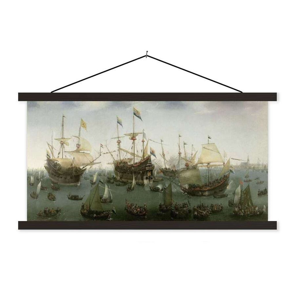 MuchoWow Textilposter Die Rückkehr der zweiten Expedition nach Ostindien nach Amsterdam - Gemälde von Hendrik Cornelisz. Vroom 90x45 cm mit sch...
