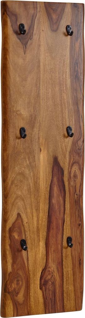 Wandgarderobe Sheesham Massivholz Metall 40x140cm mit sechs schwarzen Metalkhaken und Baumkante, Gesamtansicht.
