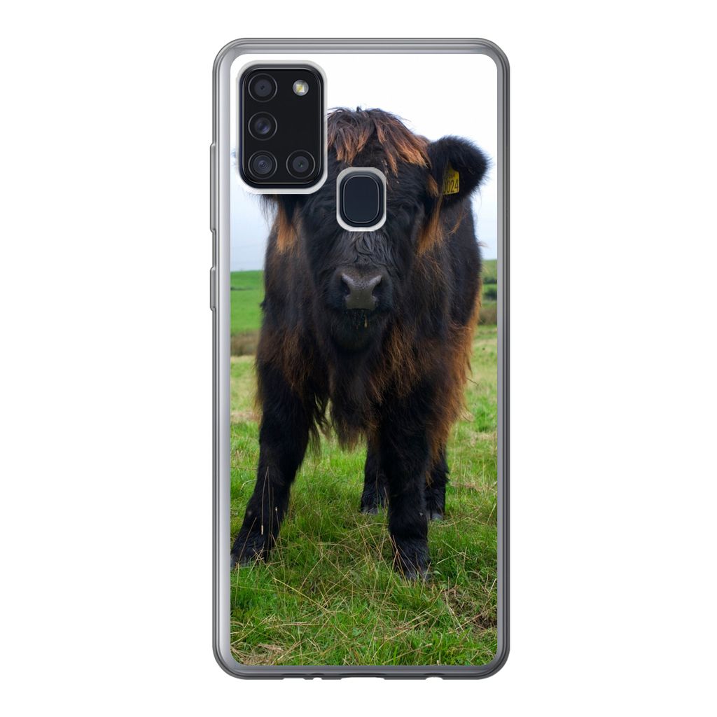 MuchoWow Handyhülle Schutzhülle Hülle für Samsung Galaxy A21s Schottische Highlander - Kühe - Natur - Grün - Gras Silikon Softcase Handy H...