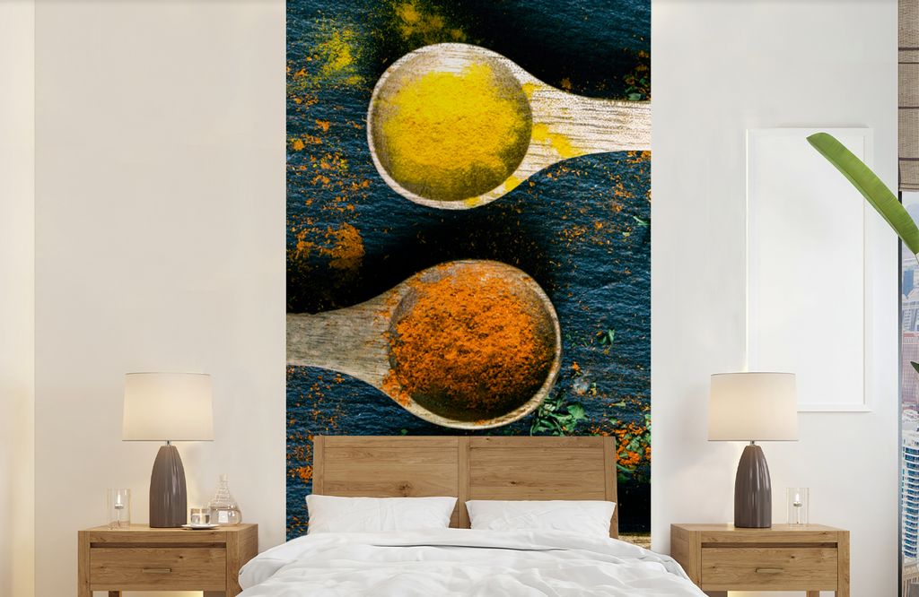MuchoWow Fototapete für Wohnzimmer oder Schlafzimmer Wandtapete Vinyl Motivtapete Gewürze - Löffel - Kräuter - Braun - Gelb - Grün - 120x240...