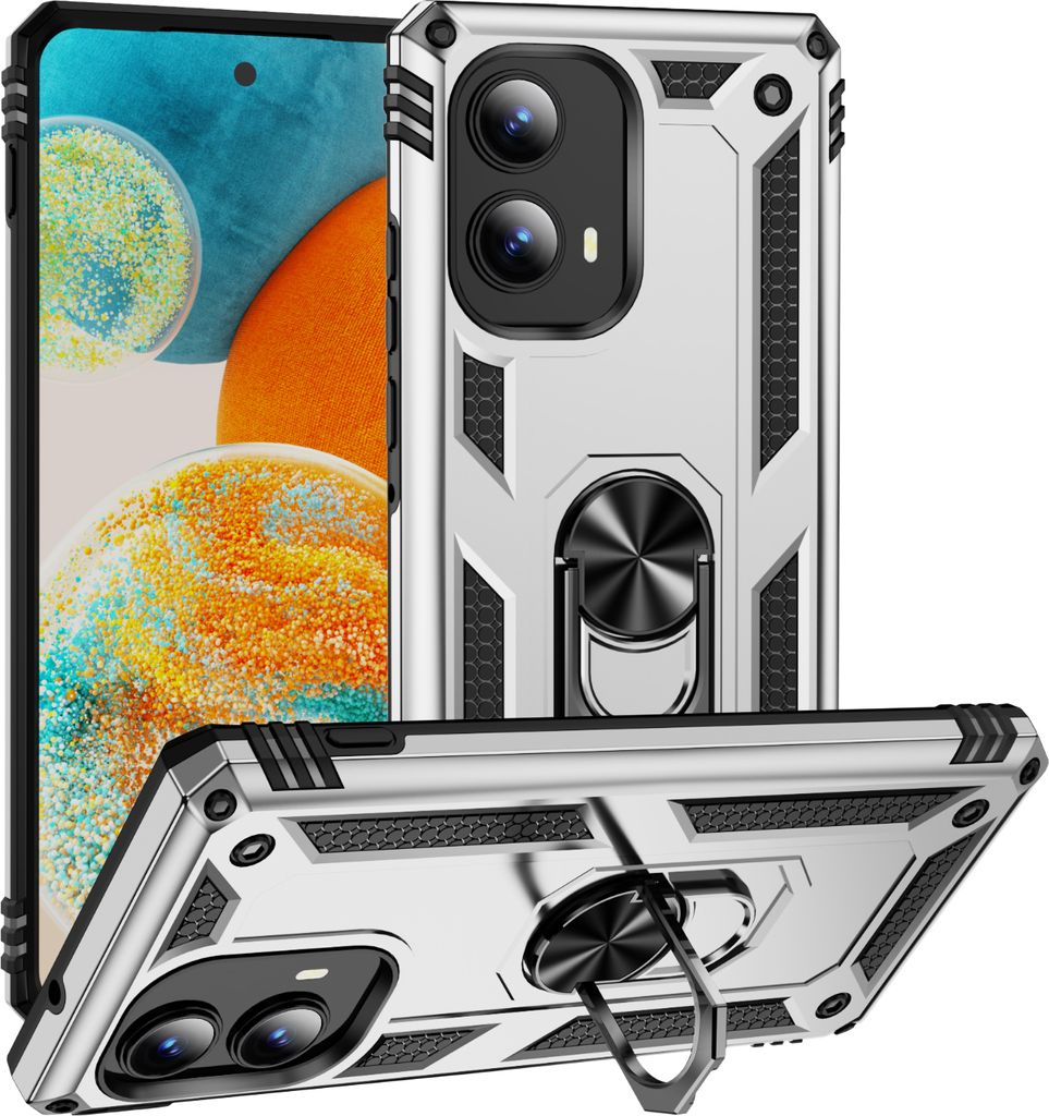 Schutzhülle für Motorola Edge 2024 Dual Layer Robust Militäre Fallschutz Hülle mit Ringhalterung Ständer Silber