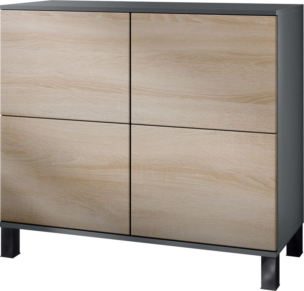 Vladon Kommode Rova V3, Moderner Küchenschrank mit 4 Push-to-Open Türen Anthrazit matt / Eiche sägerau (92,5 x 84.5 x 35)