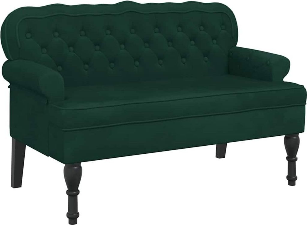A dark green velvet bench with tufted backrest and rolled arms, shown from a front-side angle against a white background.