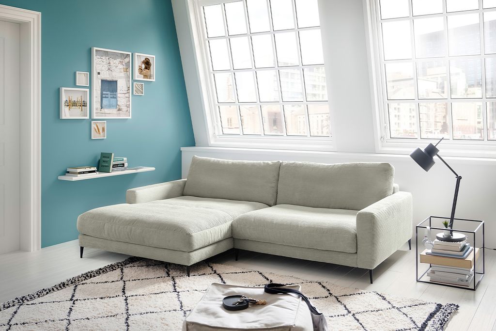 KAWOLA Ecksofa CARA Sofa Recamiere links Cord steingrau