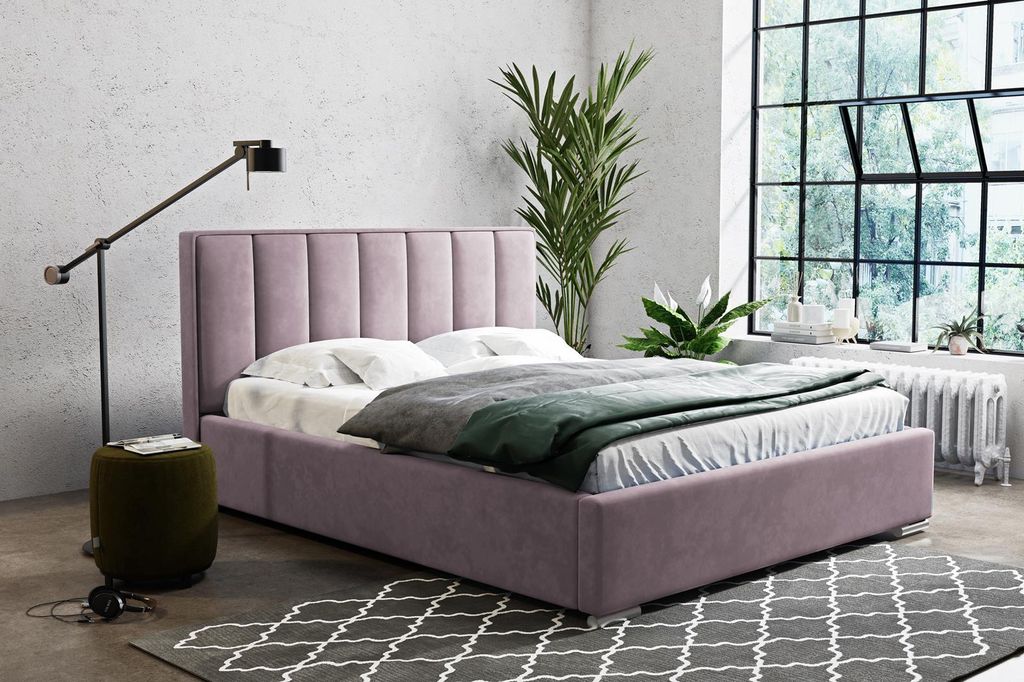 Polsterbett Cinco, Bett mit vertikalen Paneelen, velour Doppelbett mit Metallrahmen (Stoff: kronos 27 - puderrosa, Große: 140x200 cm)