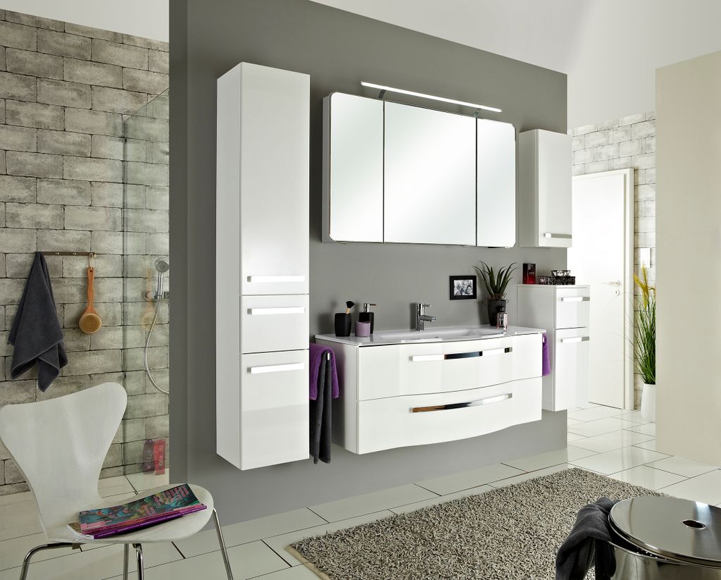 PELIPAL Serie 4005 Bad Möbel Set (3 teilig) / polarweiß Hochglanz , Spiegelschrank , Glaswaschtisch , Unterschrank, LED Beleuchtung
