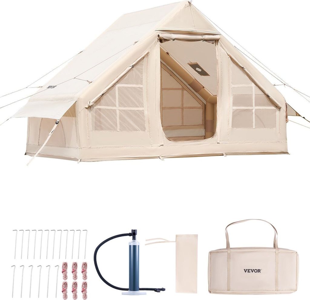 Aufblasbare Zelte für Camping 3x2x2m, 3–5 Personen, 300D Oxford 4-Jahreszeiten-Glamping-Zelt mit Handpumpe, Ofenanschluss, 2 Türen & 2 Netzfens...