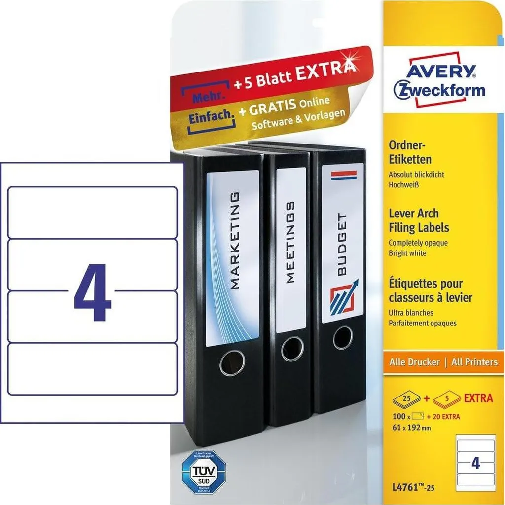 Avery L4761-25 Etichette Coprenti per Raccoglitori 192x61 - 120 pz