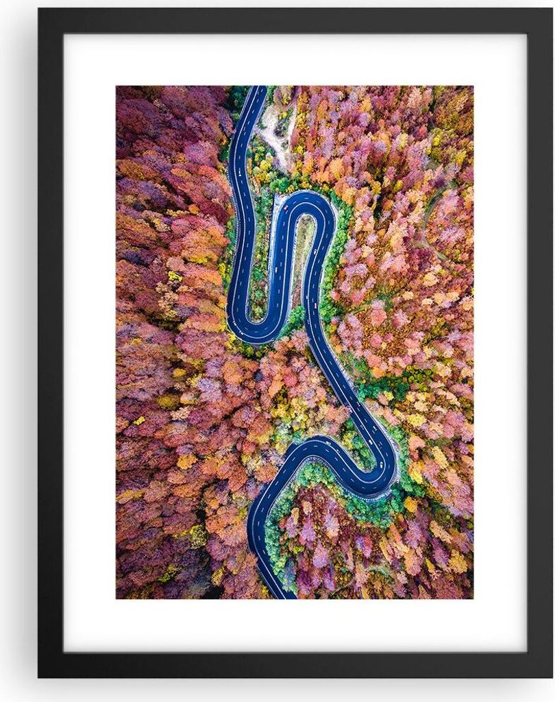 Gerahmtes Poster - Schwarzer Rahmen - Kurvenreich Weg Wald - 30x40 cm - Wand Bild - Wanddeko - Wandbilder - Kunstposter - Wandposter - Bilderrahmen...