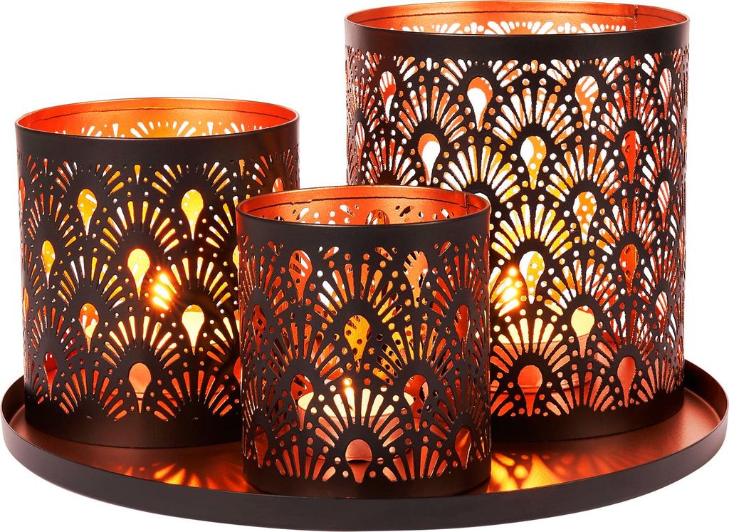 Marrakesch Orient Deko Set Geschenkset für Frauen und Männer | Tablett Serviertablett rund rutschfest 3X Windlicht | Wohnzimmer Dekoration Modern...