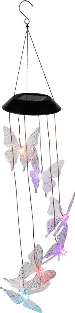 A solar-powered wind chime with butterfly-shaped ornaments that light up in various colors.