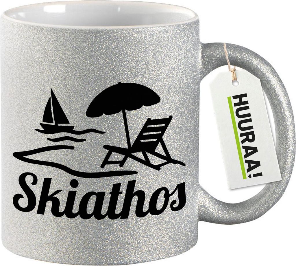Huuraa Glitzertasse Skiathos Inselmotiv Griechenland 330ml Silber Keramik Kaffeebecher Geschenkidee