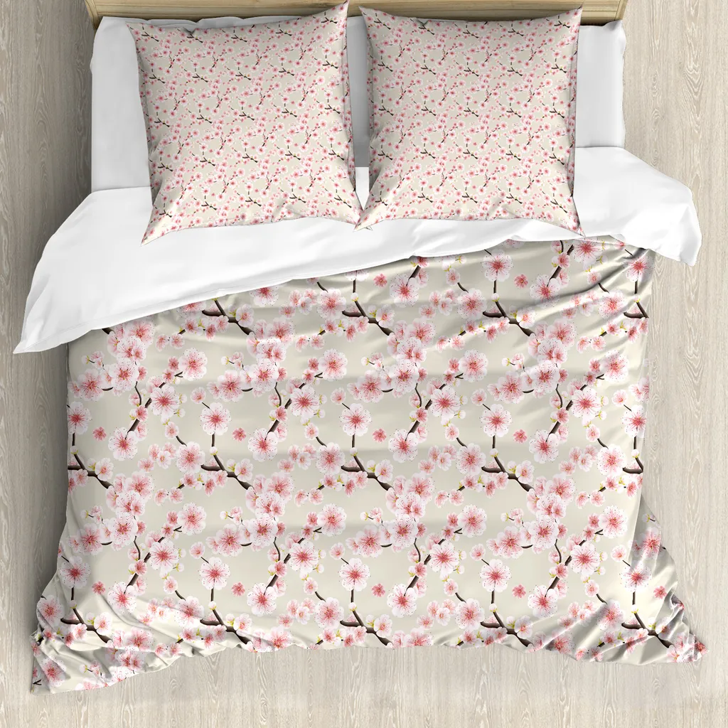 Parure de lit fleurs de cerisier 2 personnes beige rose avec oreillers