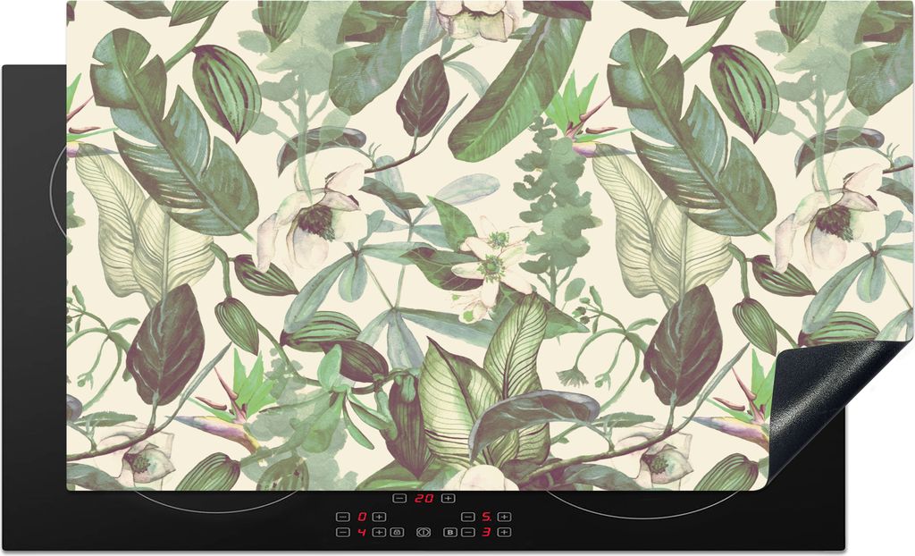 KitchenYeah Herdabdeckplatte Flora - Dschungel - Muster , 91x52cm, Küche Deko, Glaskeramikfeld Herdabdeckung, Abdeckplatte fùr Kochfeld