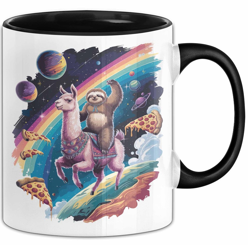 Weltall Katze Faultier Lama Regenbogen Tasse Geschenk Tier (Schwarz)
